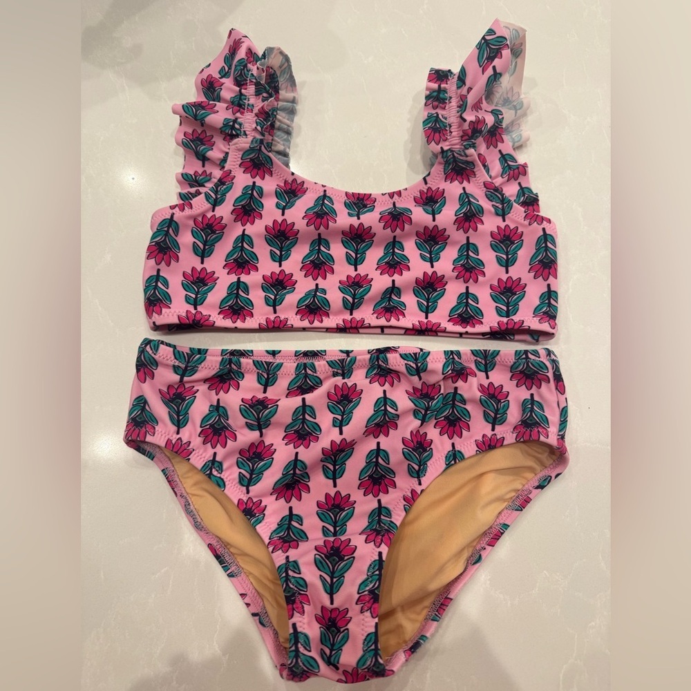 Crewcuts Pink Floral Print Two-Piece Swimsuit with Teal Accents